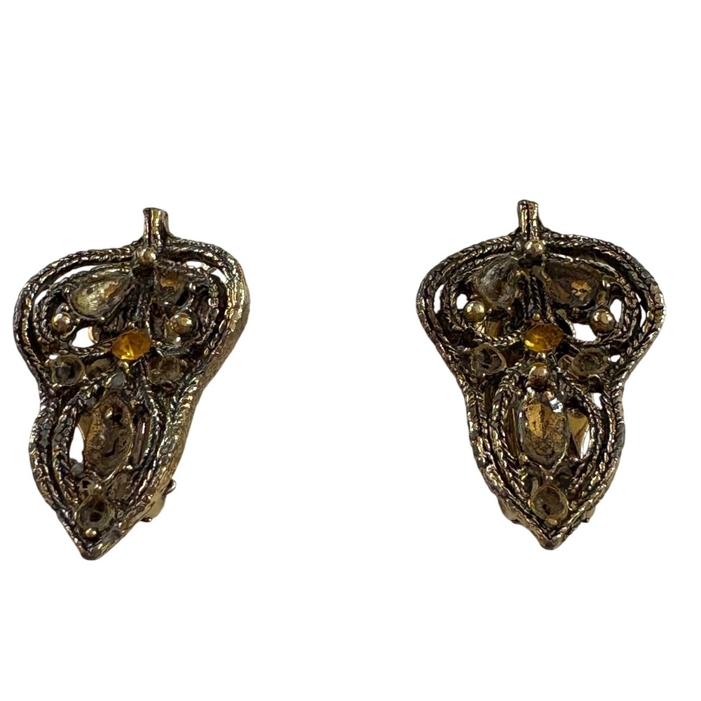 1960s Vintage Gold Tone Clip On Earrings‎ Ornate Design Statement Jewelry